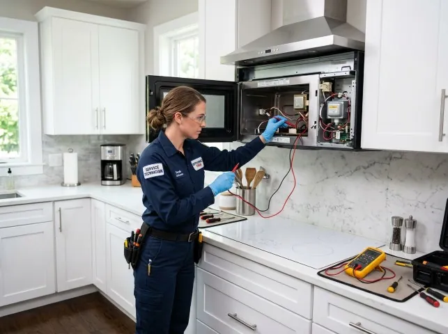 Appliance Repair Hero technician testing an over-the-range microwave in a Ashland, NY kitchen